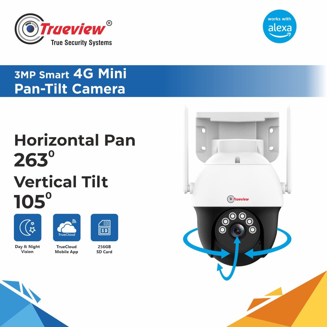 Trueview 3Mp HD 4G SIM Based Pan Tilt CCTV Camera, Outdoor Indoor Security Camera, Water Proof, 2 Way Talk, Cloud Storage, Motion Detect, Supports SD Card Up to 256 GB, Color Night Vision, Alexa4